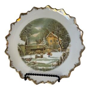 Arimara‎ Japan Currier & Ives The Farmers Home Winter Scalloped Gold Trim Plate